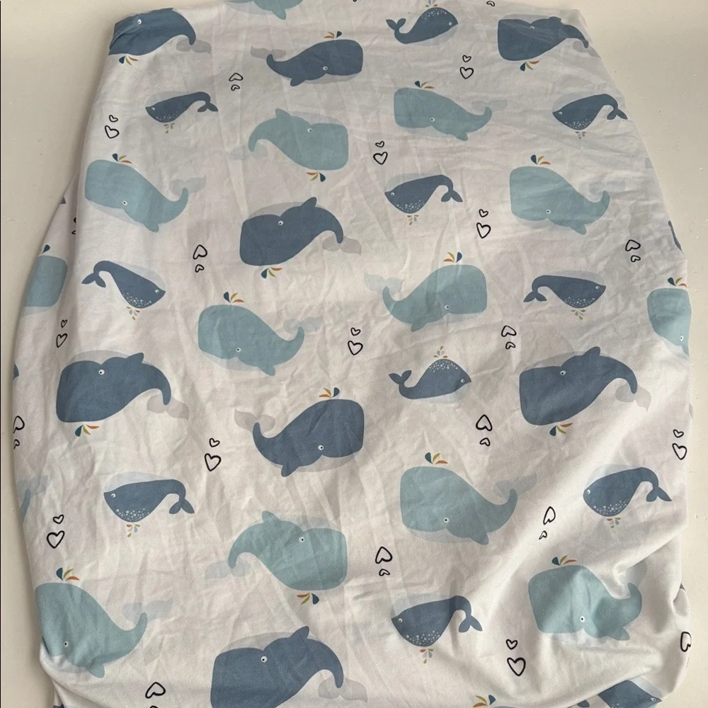 Pack n Play/Mini Crib Baby Bed Sheet Whale Print Fabric in Blue and White